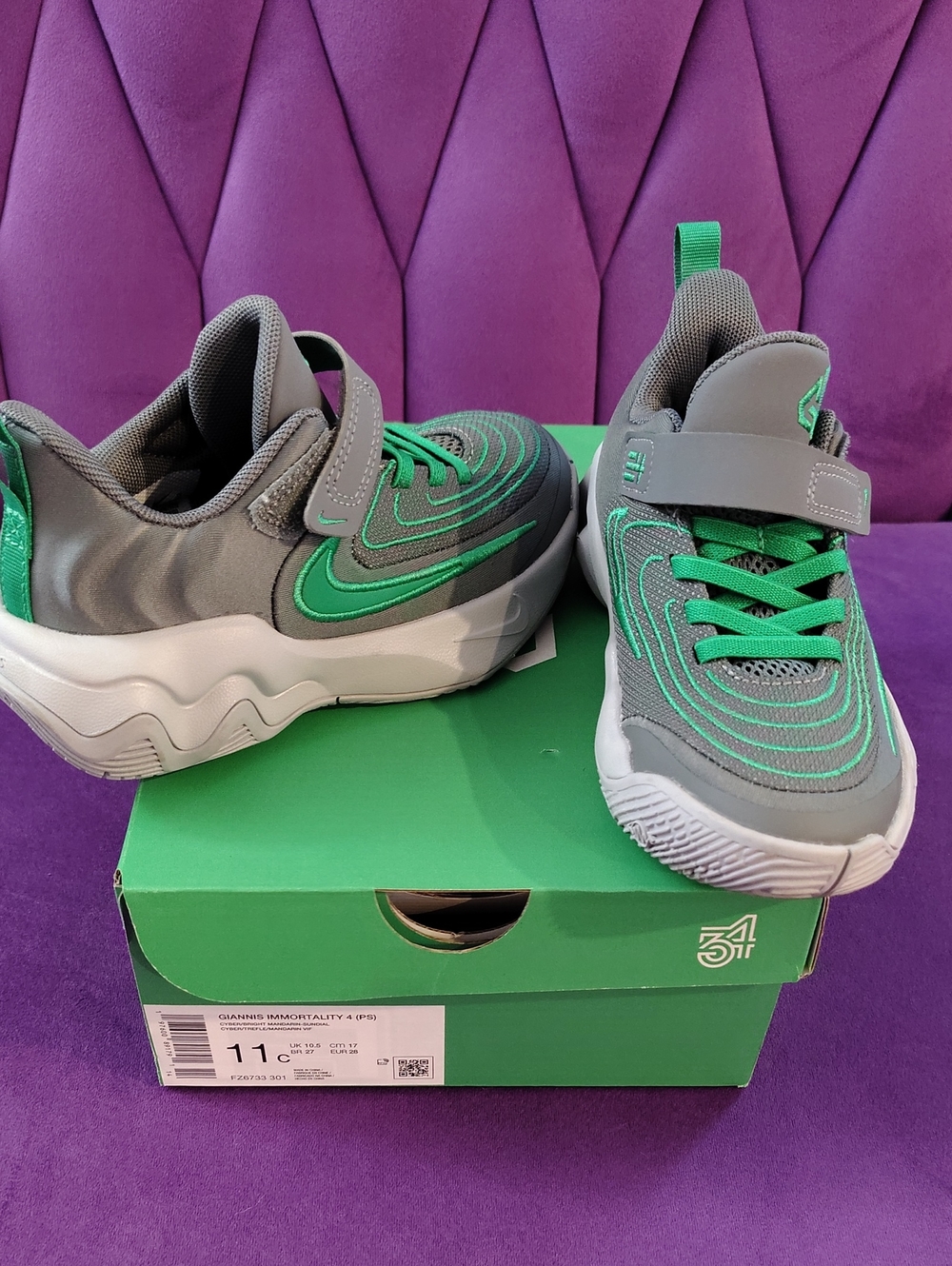 Kids Grey and Green Athletic Sneakers with Hook-and-Loop Strap